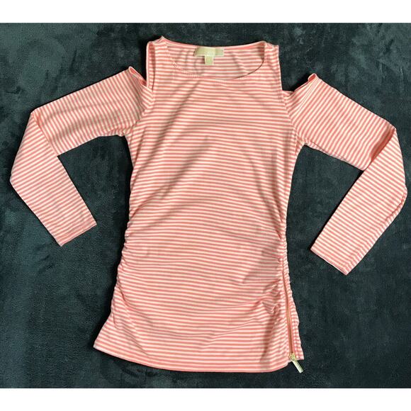 Michael Kors Womens Sz Small Long Sleeve Striped Cold Shoulder Top Zipper Detail - Picture 1 of 9
